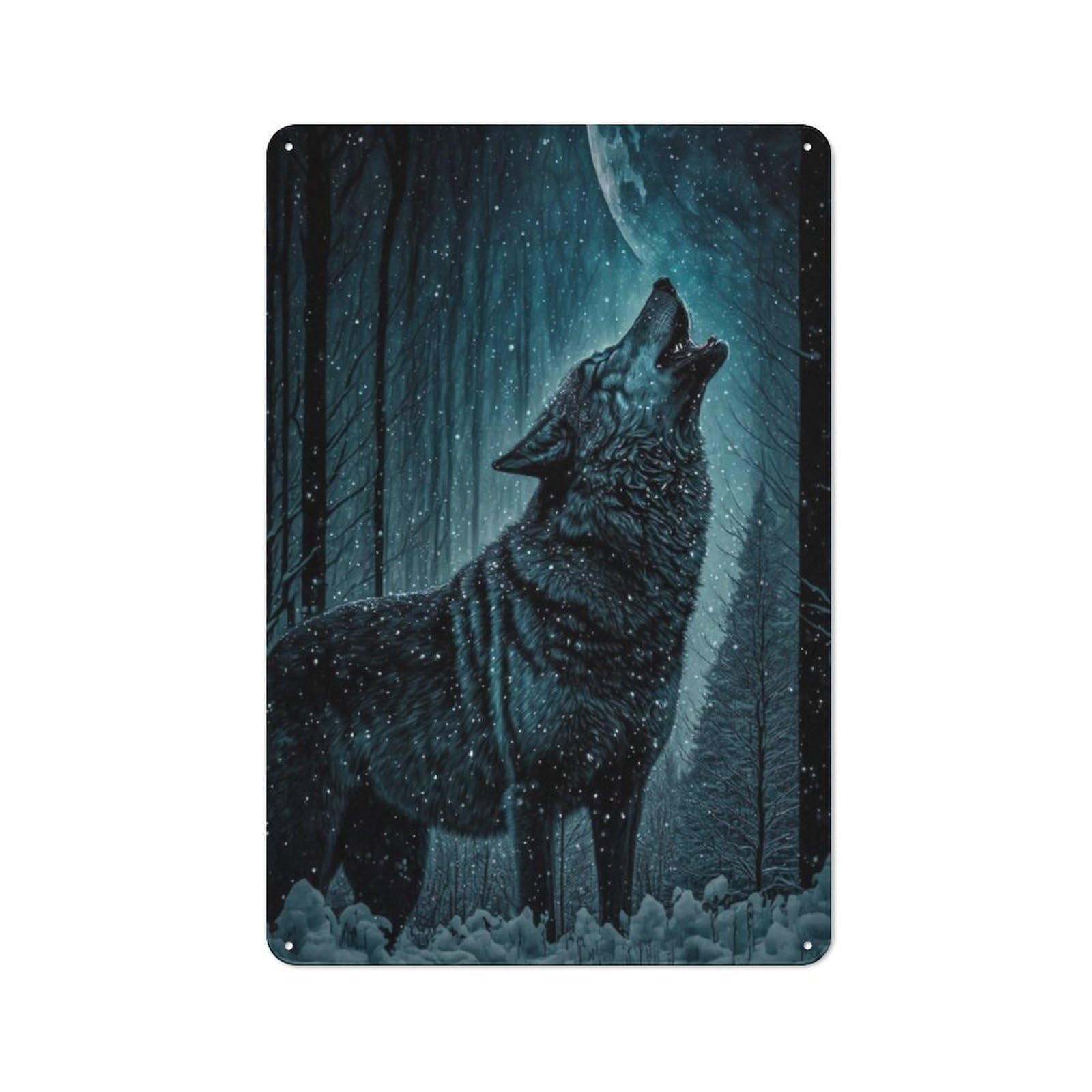 Junmoney Wolf Howls At Moon Industrial-Style Metal Plaque 30X20cm For Workshop Wall, For Vintage Wall Decor Fans, For Themed Room Decoration