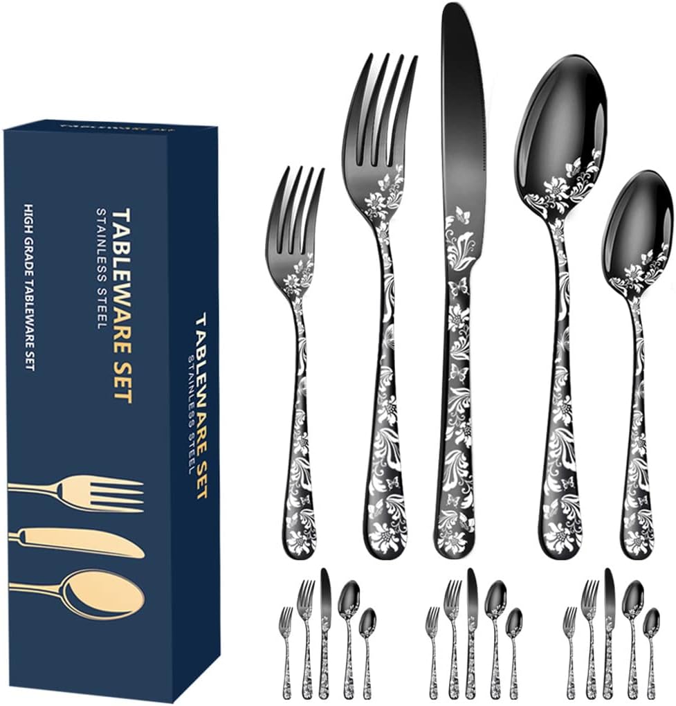 XIAOYU 20-Piece Flatware Set, Stainless Steel Silverware Cutlery Set for 4, Unique Pattern Design, includes Dinner Knives/Forks/Spoons, Dishwasher Safe, Black