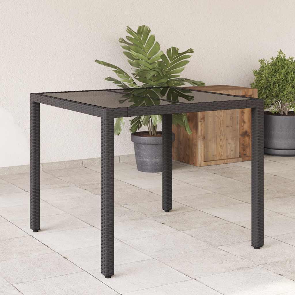 Poly Rattan Gartentisch mit Glasplatte Schwarz 90x90x75 cm, Stabiler pulverbeschichteter Stahlrahmen, pflegeleichtes PE-Rattan für Terrasse und Garten