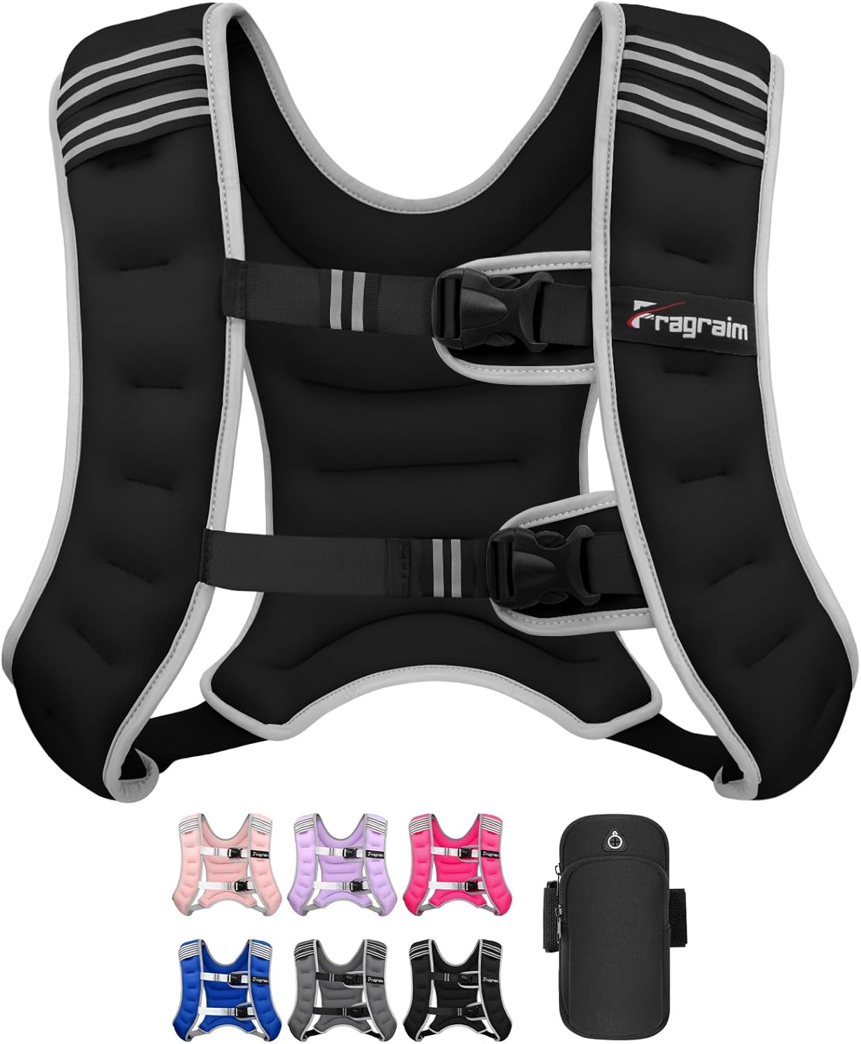 Fragraim Weighted Vest for Women Men - 8lb/10lb/12lb/16lb/22lb/25lb/30lb Weight Vest with Reflective Stripe, Detachable Phone Pouch, Ideal for Walking, Strength Training, Running, Workout, Cardio 25 lb Black