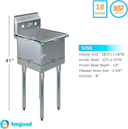 Miniatura 2 de AmGood Fregadero de acero inoxidable para preparación y utilidad, tamaño total 18 x 18.5 pulgadas, tamaño del cuenco 15 x 15 pulgadas, NSF, acero