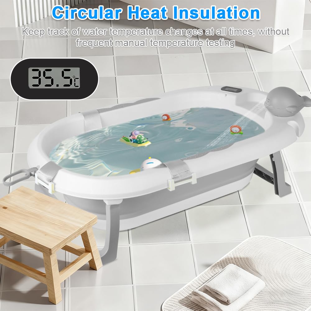 Bañera plegable para bebés con estructura, termómetro, cojín de baño y gorro de baño, bañera para bebé con sistema de drenaje, material PP y TPE (gris, 55 x 40 x 90 cm)