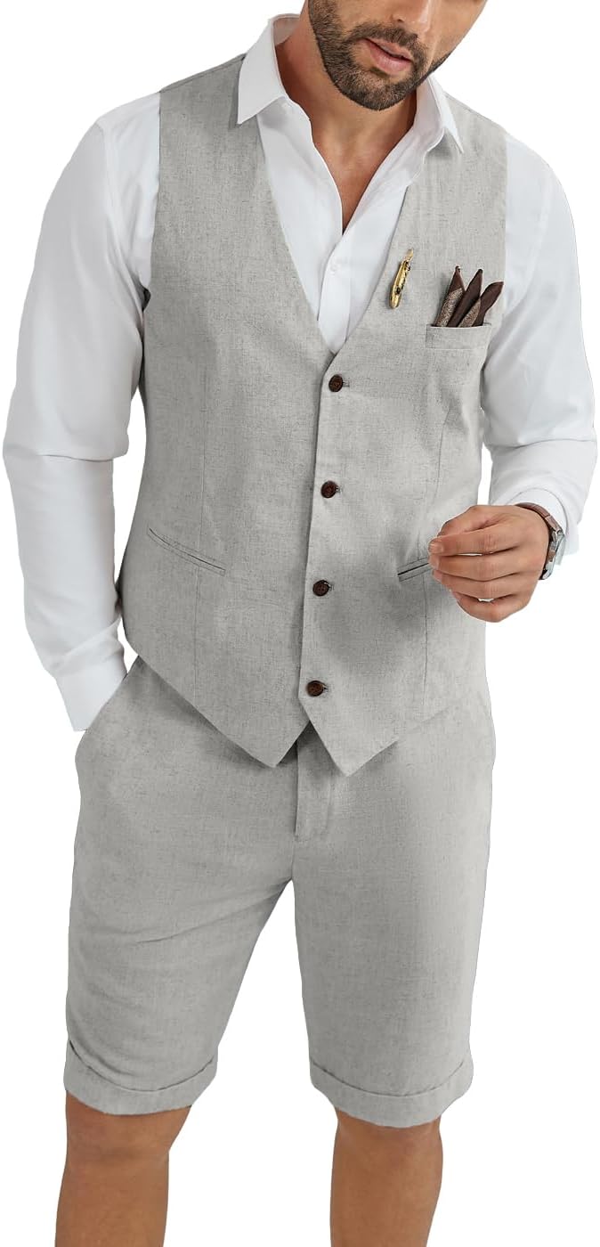 Mens Linen Suit 2 Piece Short Suits for Men Casual Summer Beach Groom Wedding Suit Linen Vest Shorts Set