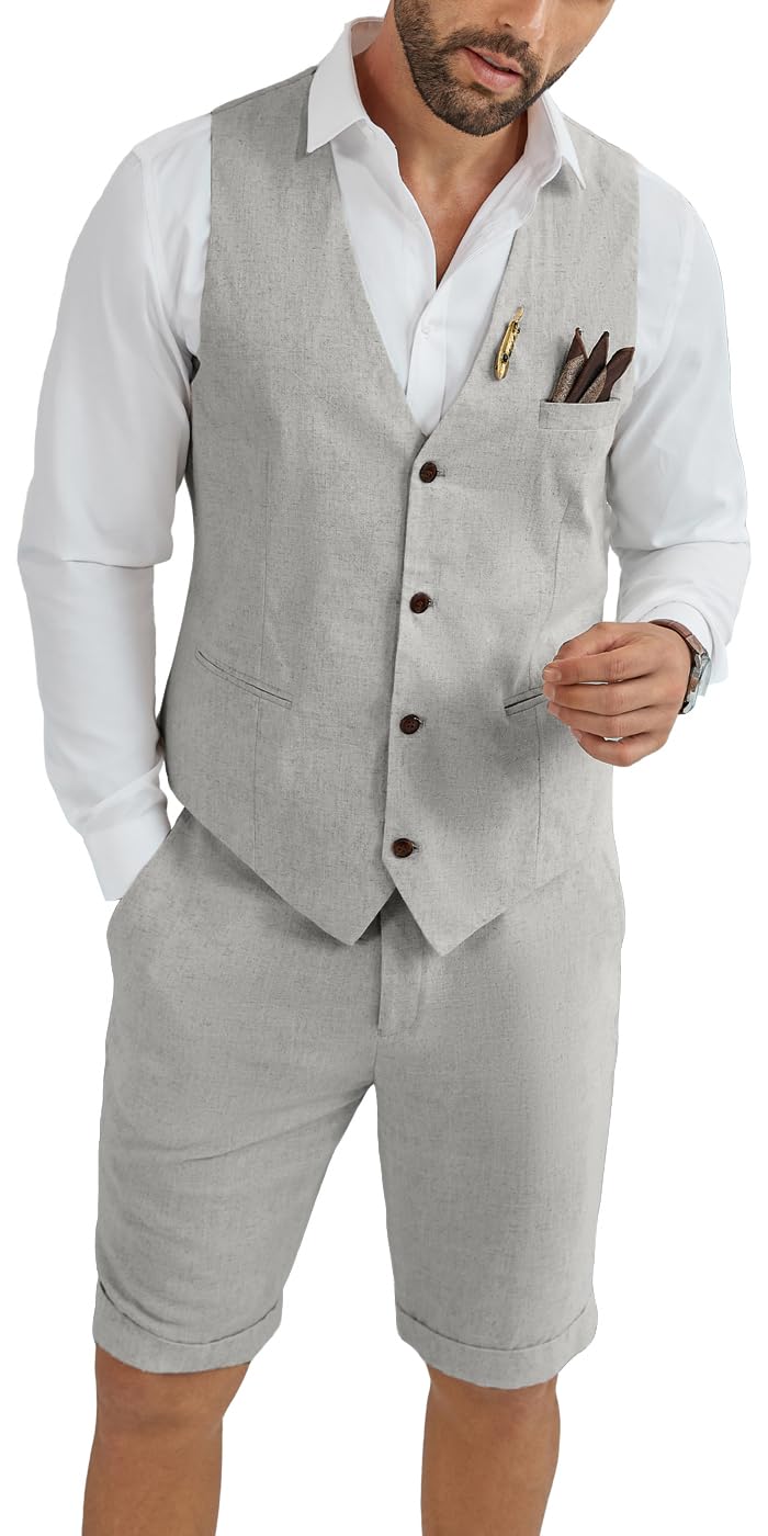 Photo 1 of HUEZOE Men's 2-Piece Linen Suit - Grey Vest & Shorts, 3XL