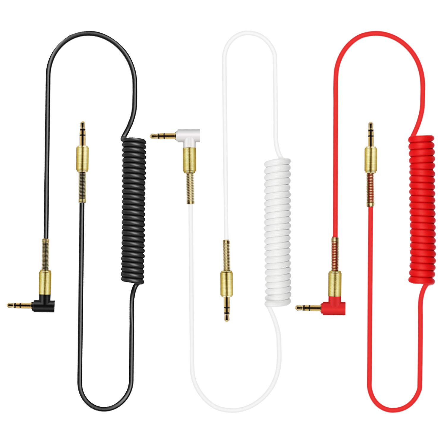 OUOU 3.5mm Audio AUX Cable [3-Pack/5ft] 90°Angled 3.5mm Aux Cable Male to Male Stereo Audio Spring Cables Compatible with Car, Beats Headphone, Studio, Recorder, Smartphone,Home Stereos,Speaker