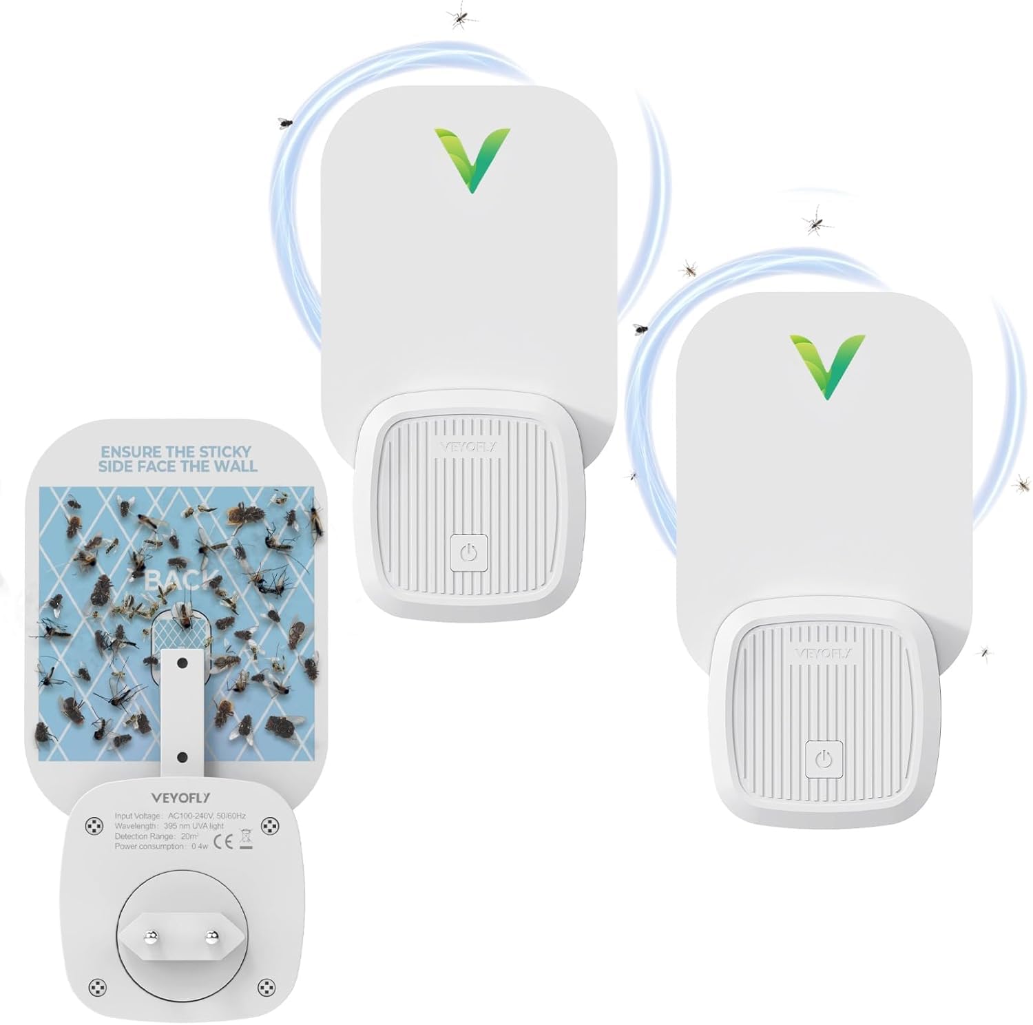 VEYOFLY Fluginsektenfalle, Insektenfänger,Innenfliegenfalle,Sichereres Zuhause,Fruchtfliegenfallen für Gnat, Motte,Moskito, Insektenlicht zum Einstecken,Insektenvernichter (2 Geräte+ 6 Klebekarten)
