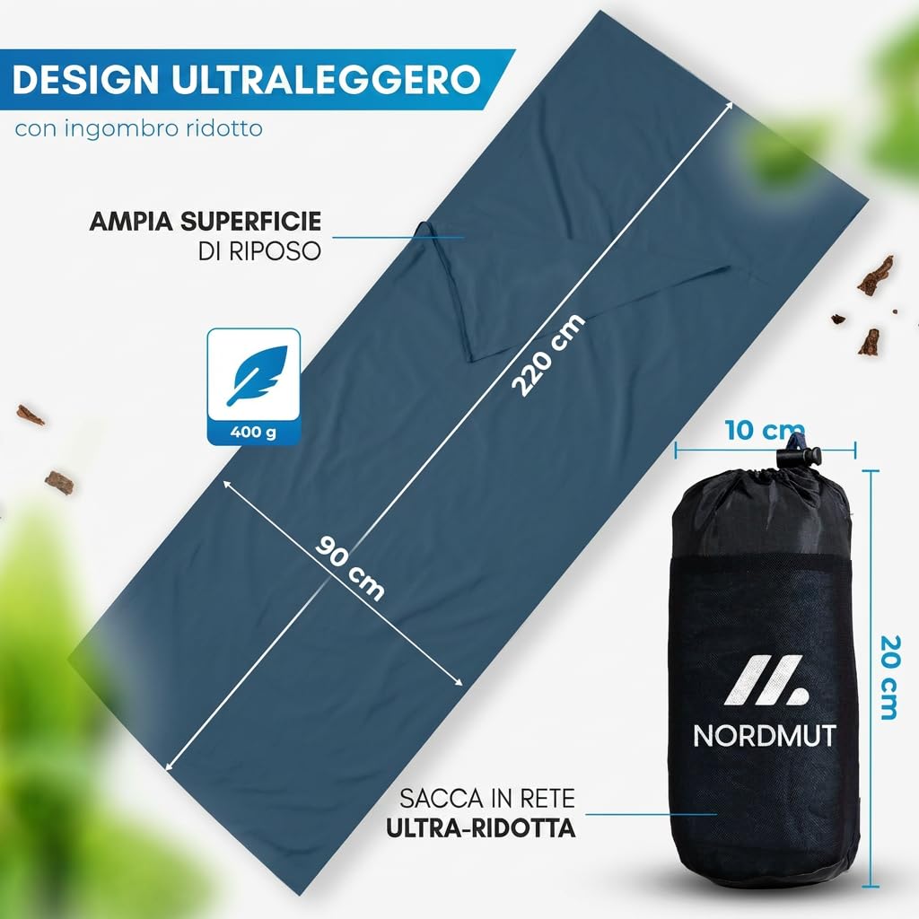 NORDMUT® Sacco a pelo ultraleggero in microfibra o cotone – Sacco a pelo da viaggio traspirante [220 x 90 cm], piccolo ingombro & particolarmente morbido con scomparto per cuscini