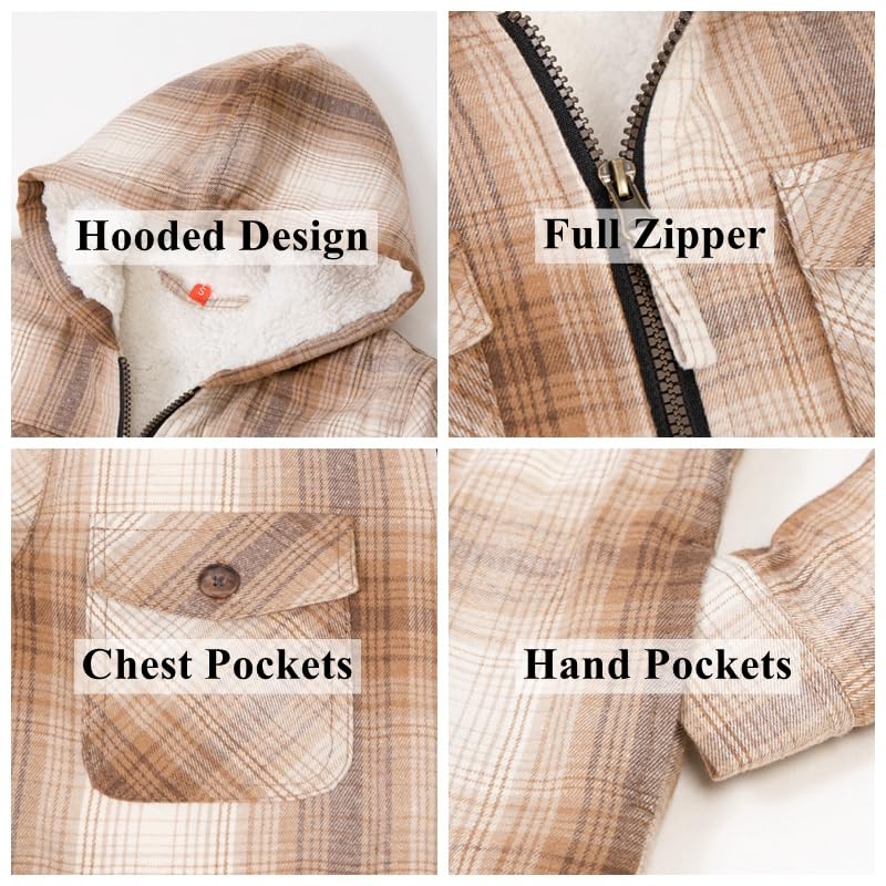 Image of ThCreasa Boys Plaid Flannel Jackets Sherpa Lined Zip Up Long Sleeve Warm Flannel Shirt with Hood