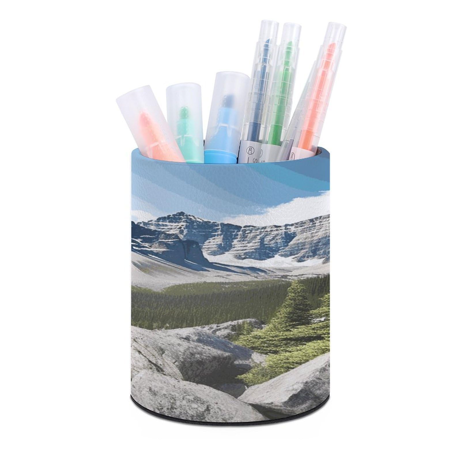LDGSUPH Mountains Round Pen Holder Leather Pen Cup Pencil Cup Pen Organizer Pencil Holder for Desk Organizer Pencil Organizers Makeup Brush Holders for Home Office Gift