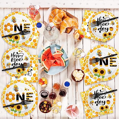 Image of Qyeahkj 100 Pcs Bee 1st Birthday Party Supplies Paper Plates and Napkins Set Disposable Bee First Birthday Tableware Decorations for Bees Theme Baby Shower Serves 25