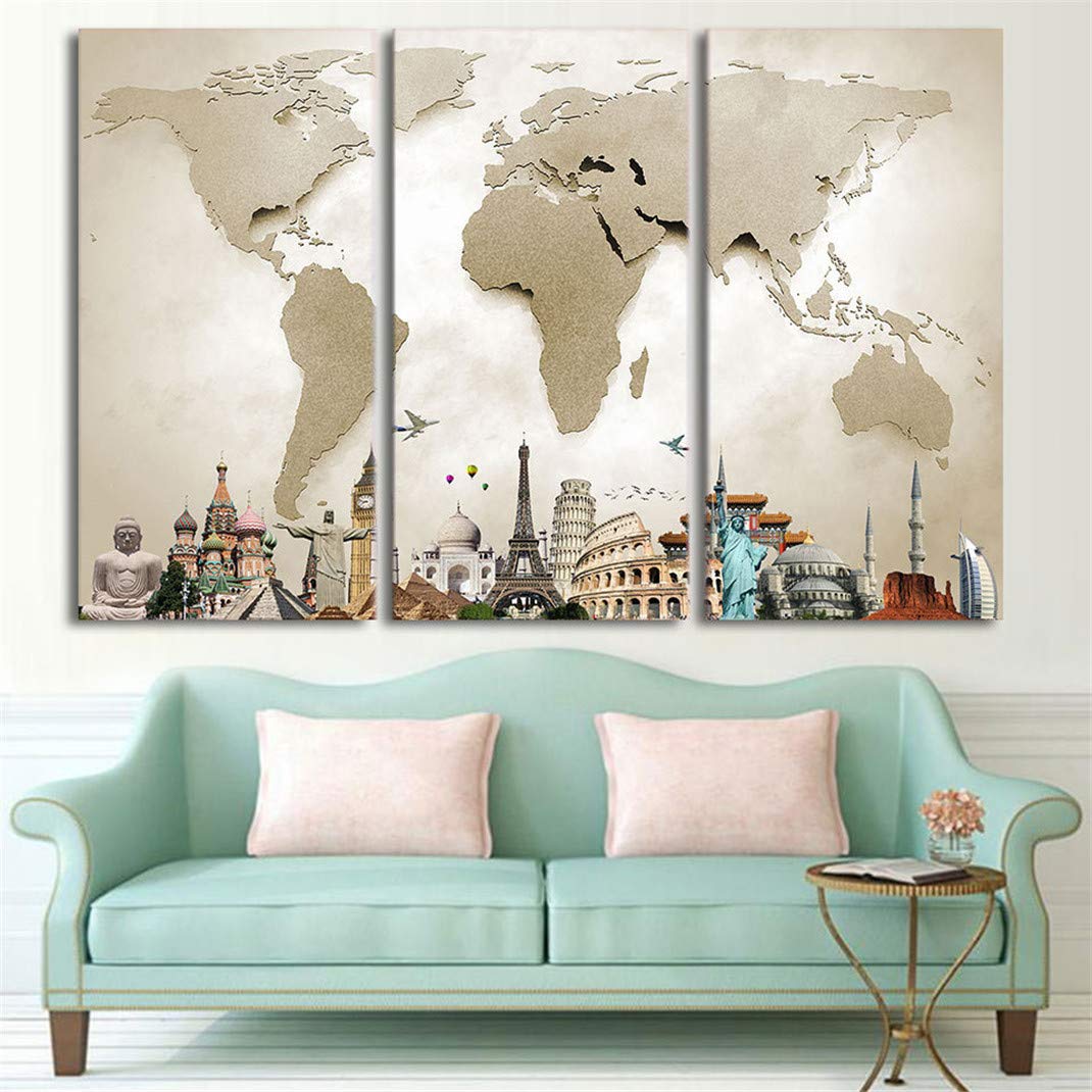 AMKEY 3 Panel HD World Map Landmark Canvas Painting, Home Decoration Living Room Canvas Wall Picture Print - Without Frame (30x60cm)