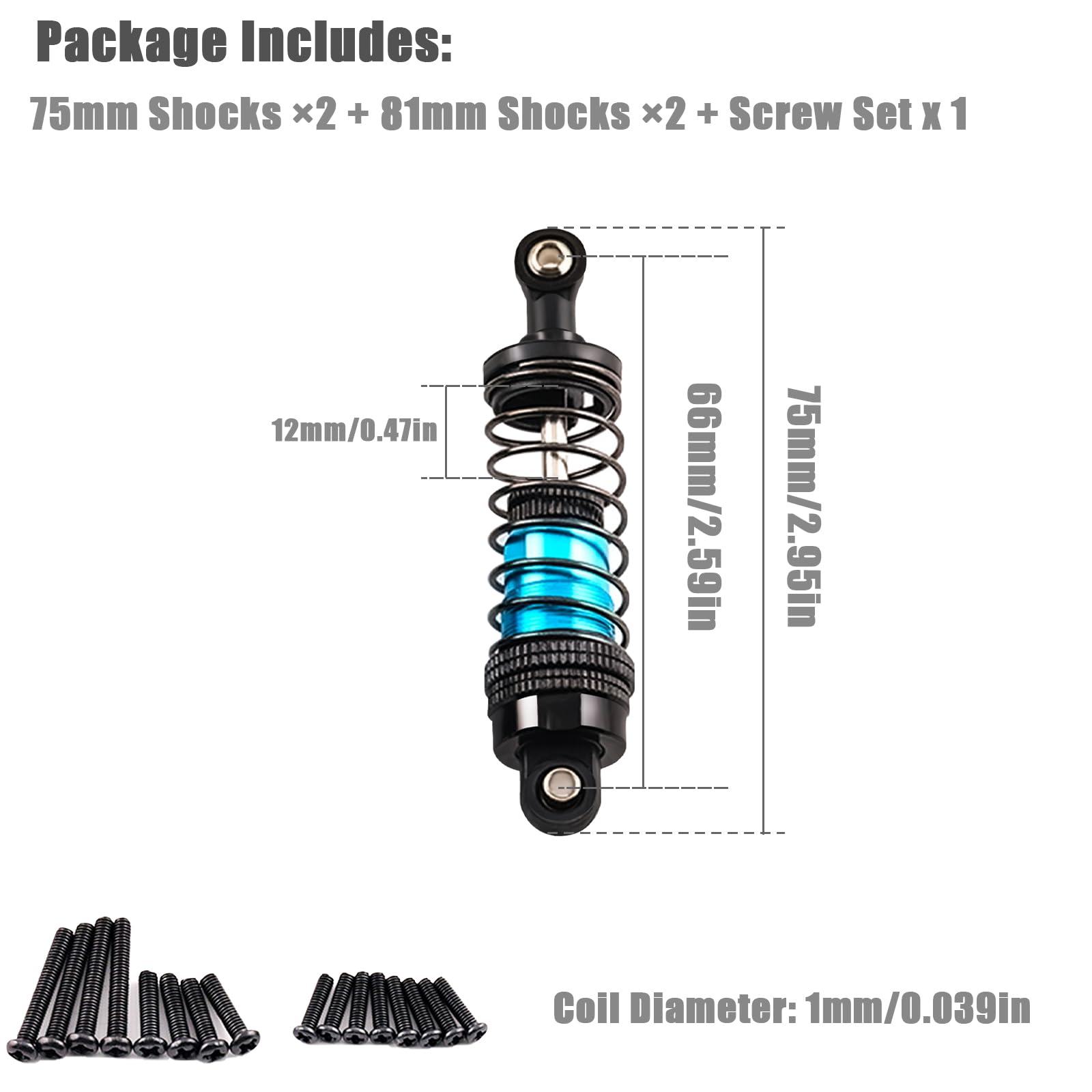 Oil-Fill Shock Absorbers for 1/14 1/16 1/12 RC Cars, 75mm Hydraulic Suspension Kit, DIY Refillable Dampers with Alloy Body, Compatible for MJX, HSP, WLtoys, SCY, FMS, Traxxas (Oil Not Included)
