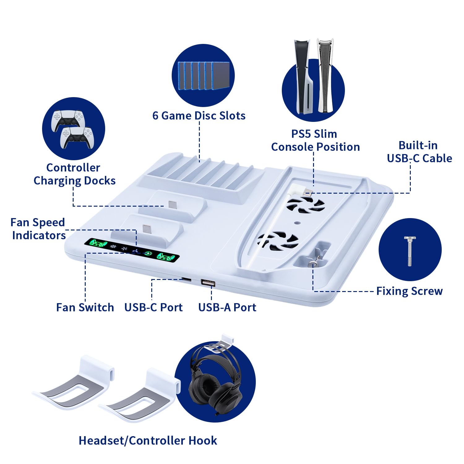 Mcbazel PS5 - Soporte de Carga Delgado y Multifuncional, Soporte de refrigeración Delgado para PS5 con Soporte para Auriculares, 6 Unidades de Almacenamiento de Tarjetas de Juego para Consola