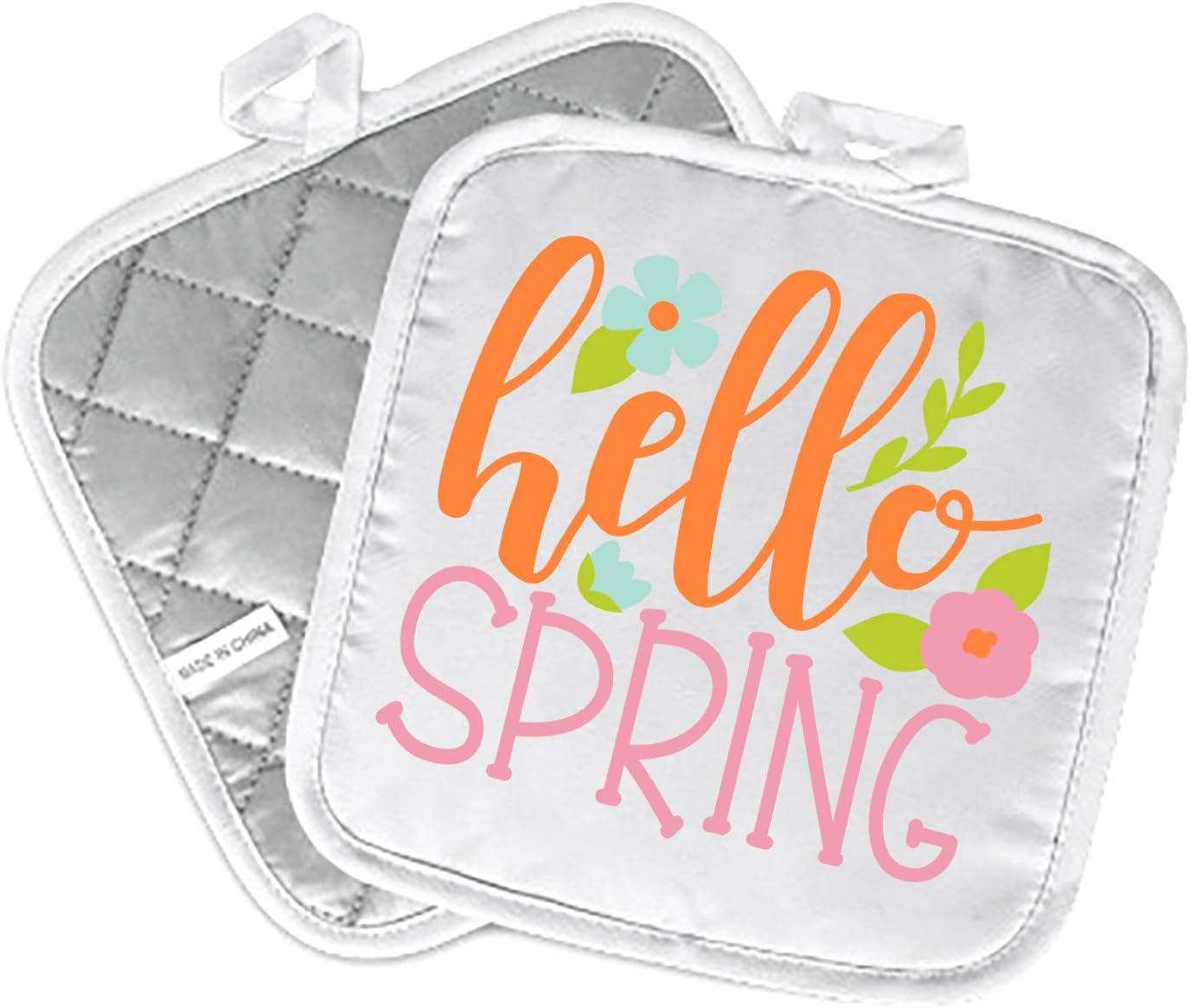 Decorative Kitchen Hot Plate Pot Holder Oven Mitt Set | Hello Spring March April May June Flowers Orange Pink | White Oven Home Decor Holiday Decorations | XMAS Gift Present