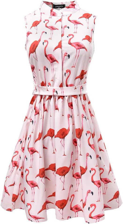 Women Cute Flamingo Fun Flare Prints Flowy A-line Party Cocktail Causal Dresses Pink