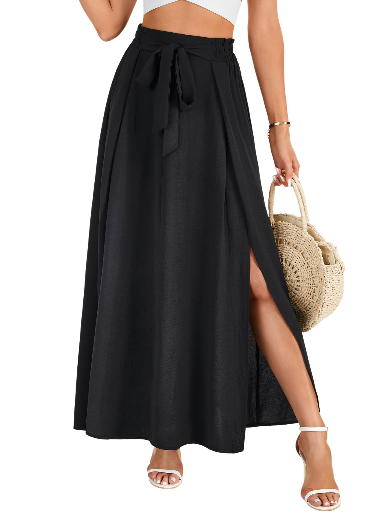 LYANER Womens Tie Knot Front Side Split Pleated A line High Waist Flowy Boho Long Skirt
