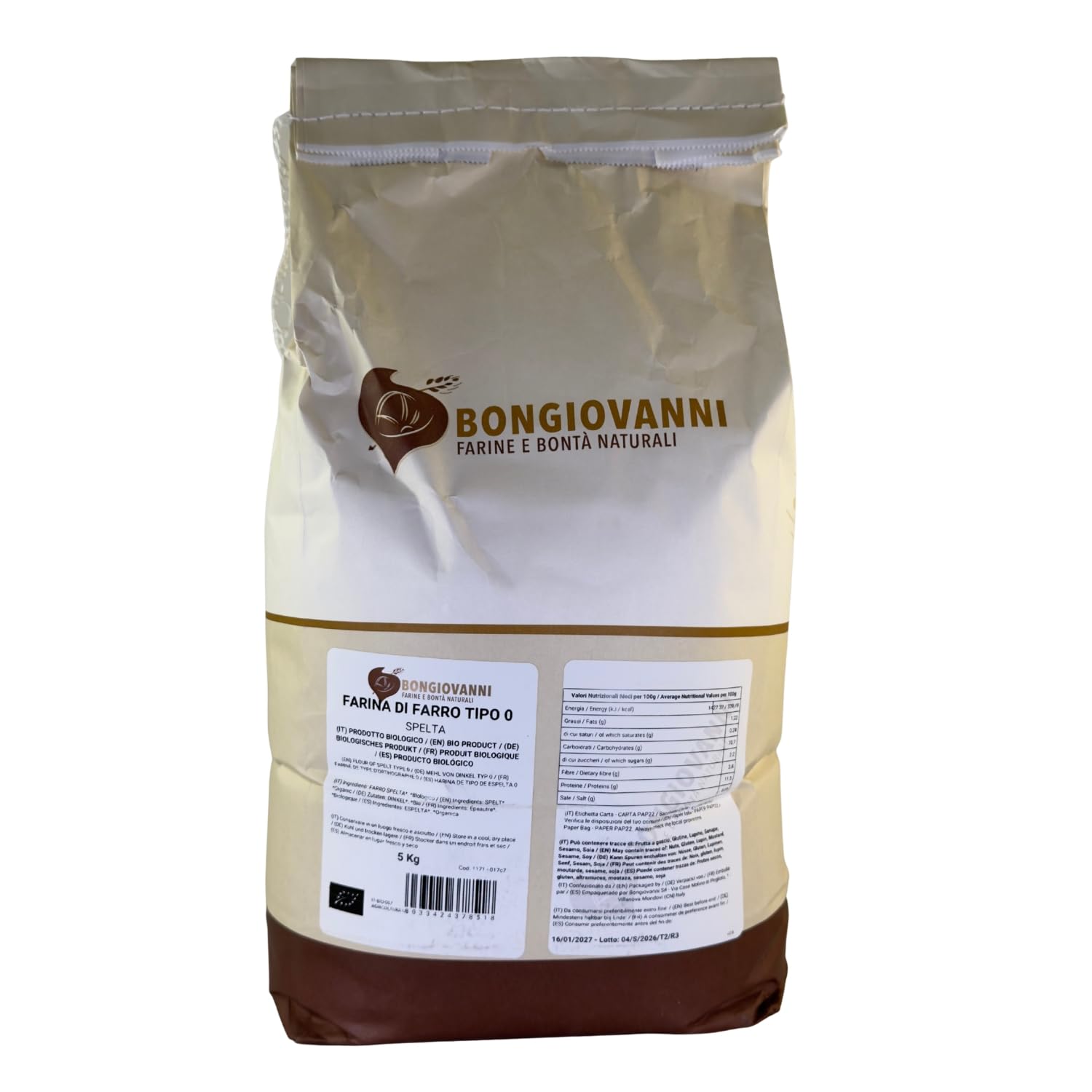 BONGIOVANNI Farine e Bontà Naturali Farina di Farro Spelta Tipo 0 Bio 5 kg – Gusto Delicato e Leggermente Nocciolato