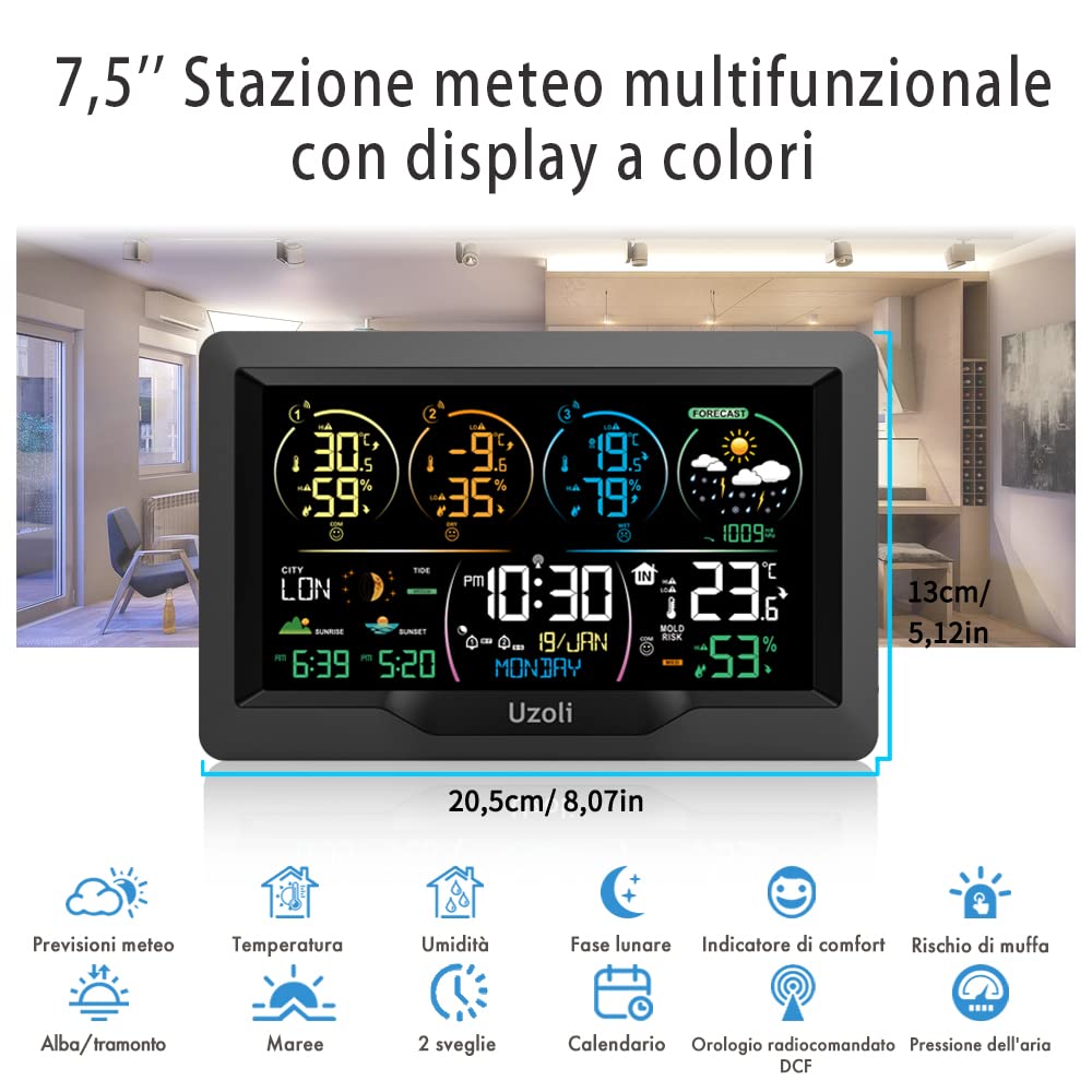 Uzoli Stazione Meteo con 3 sensori termometro igrometro interno esterno orologio radiocontrollato previsione del tempo pressione aria alba tramonto maree fase lunare rischio muffa EM3390