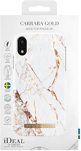 Miniatura 5 de iDeal Of Sweden Funda de teléfono móvil para iPhone XR (forro de microfibra, compatible con cargador inalámbrico Qi) (oro Carrara)