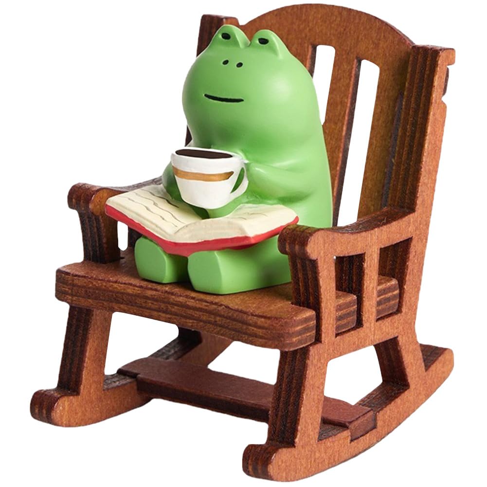 Frog Rocker Chair Miniature Frog Statue with Coffee Book Office Desktop Decor