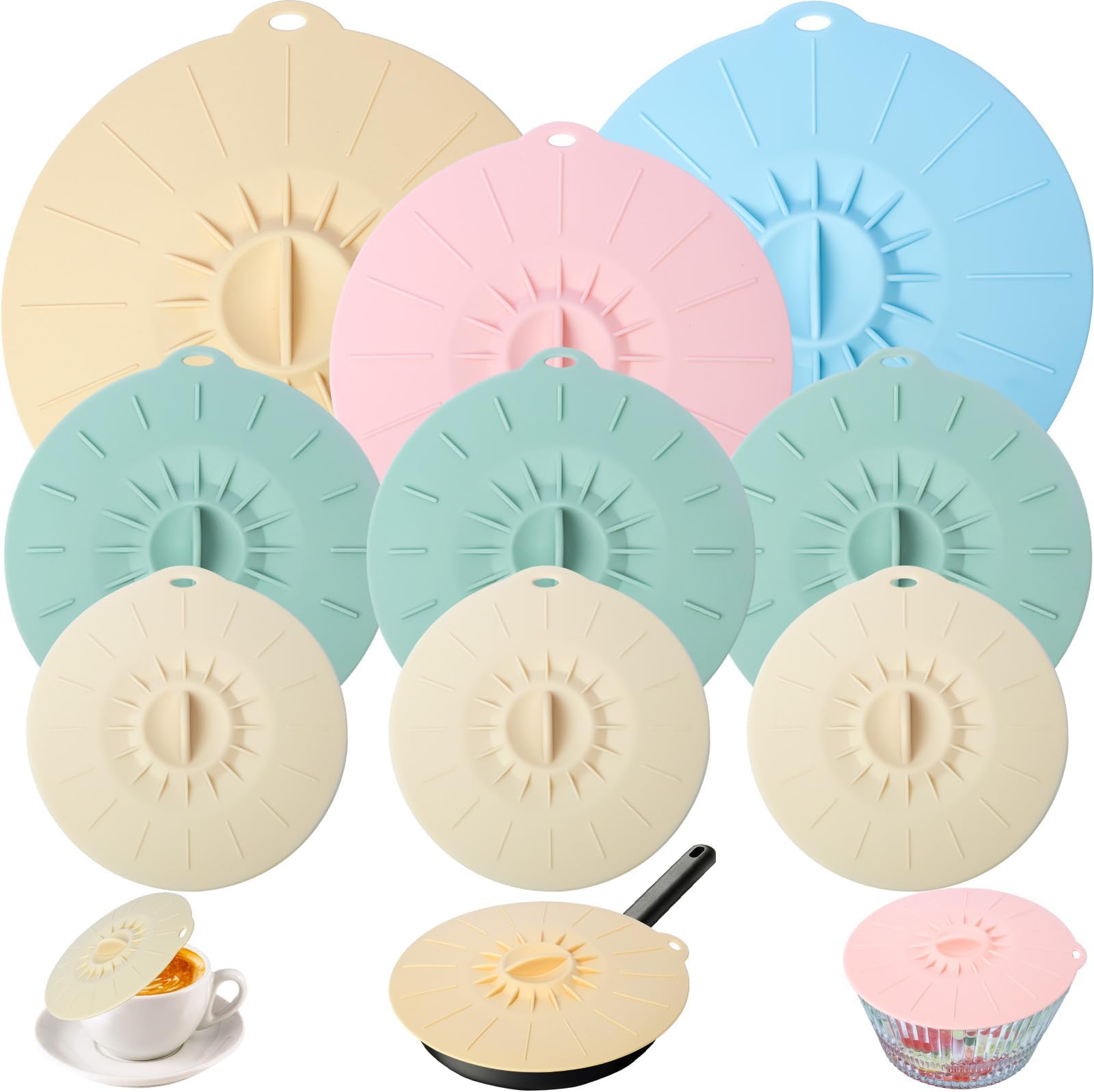 9 Pack Silicone Lids, Microwave Splatter Covers - Reusable, Heat Resistant Lids (5 Sizes) for Bowls, Cups, Plates, Pots, Pans & Skillets - Stovetop, Oven, Fridge & Dishwasher Safe