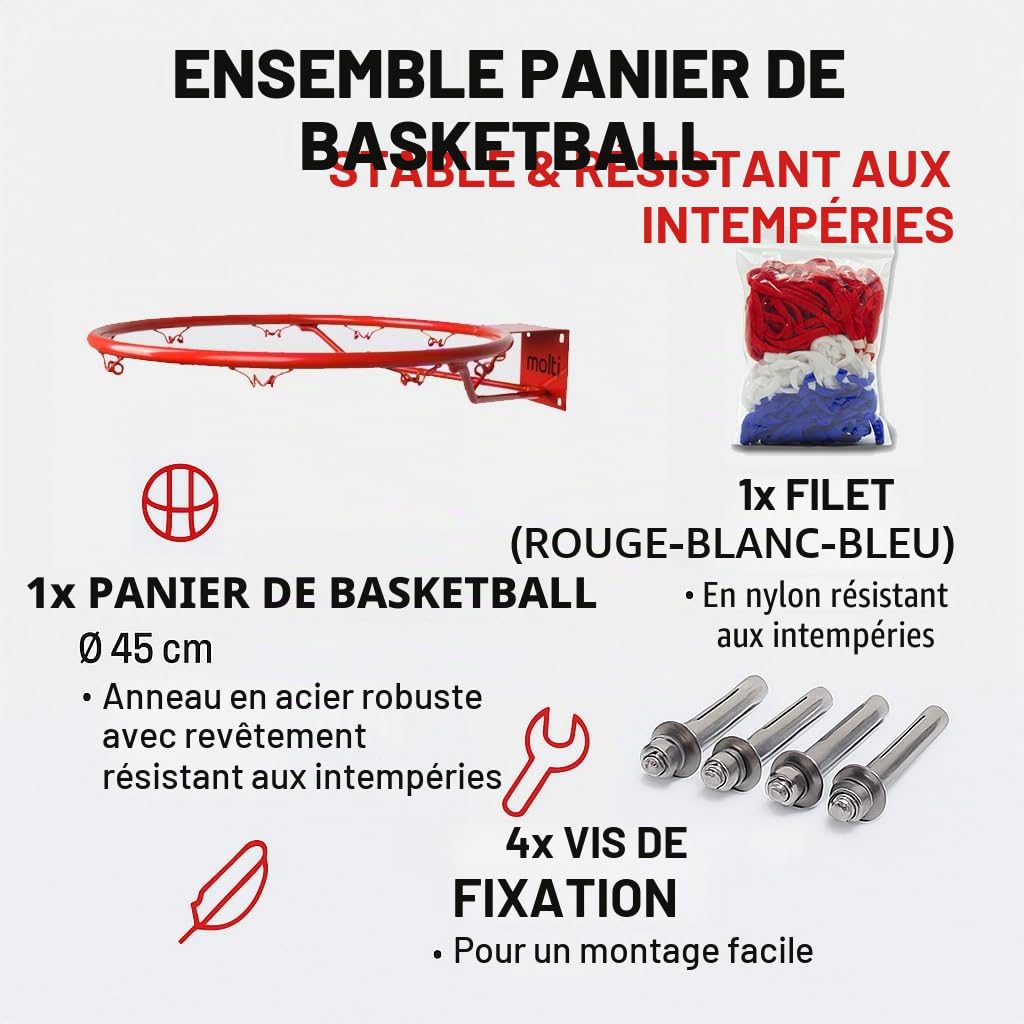 molti Panier de basket Ø 45 cm/37 cm HangRing Basketball avec filet et vis de fixation extérieur + 4 vis de fixation