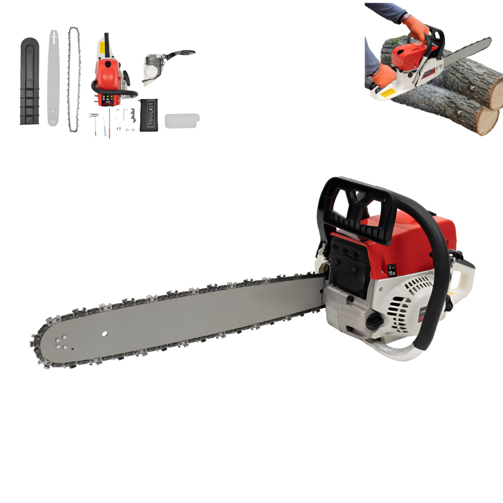 Motosierra de gasolina de 2 tiempos 52 CC, 2 kw, 51 cm de espada y cadena, 52 cm³ de cilindrada, 51 cm de diámetro de grosor de corte, 7500 rpm, motosierra manual para leña, poda de árbol y cuidado
