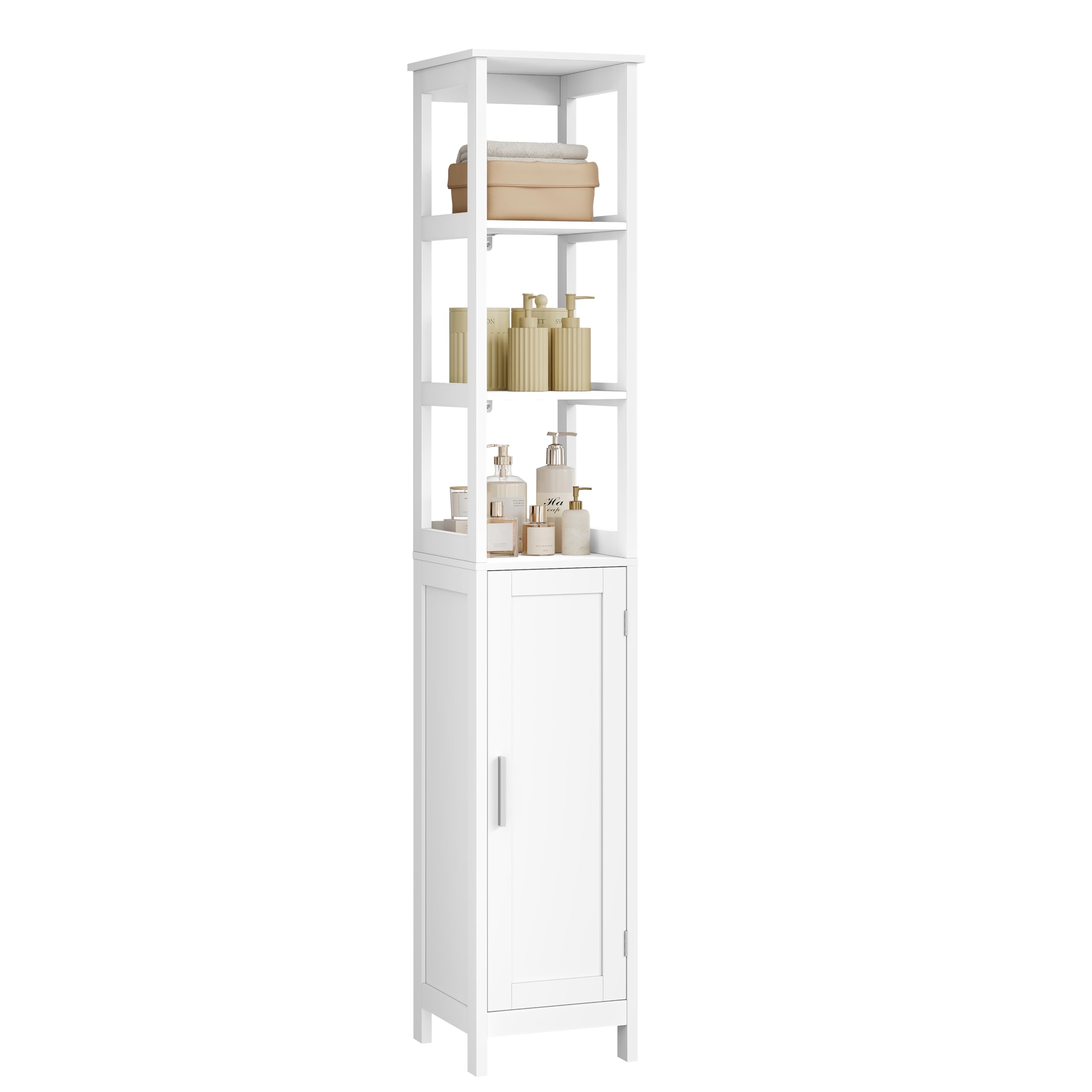 EUGAD Mobile Alto da Bagno, Mobiletto da Bagno, con 3 Scomparti Aperti, 30x30x163 cm, Portaoggetti, Mobiletto Salvaspazio Stretto, per Bagno, Soggiorno, Studio e Ufficio, Bianco 002WDG