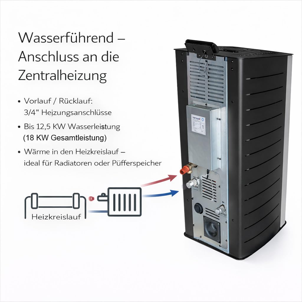 NEMAXX® P18 Wasserführender Hydro-Pelletofen 18 kW bis 300 m³ – BAFA/förderfähig–Zentralheizung – A+ 40 kg Tank – Wasser 12,5kW – bis 18 Std. Laufzeit – ECO,Automatik,Wochentimer,Wi-Fi Ready – Schwarz