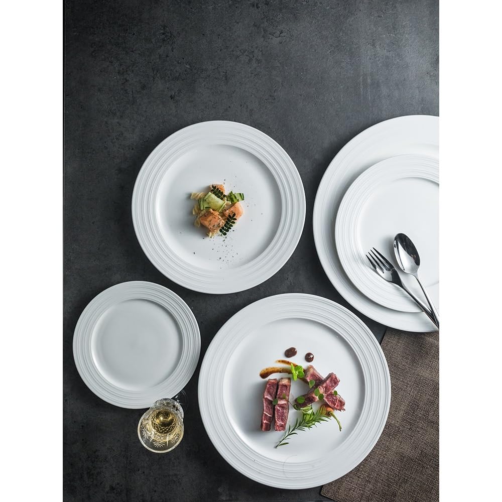 Pratos Plato Redondo de cerámica Blanca 8 Pulgadas con patrón líneas Simples, Ideal for Preparar Carne en casa o el Estilo Occidental Vajilla(10 in)
