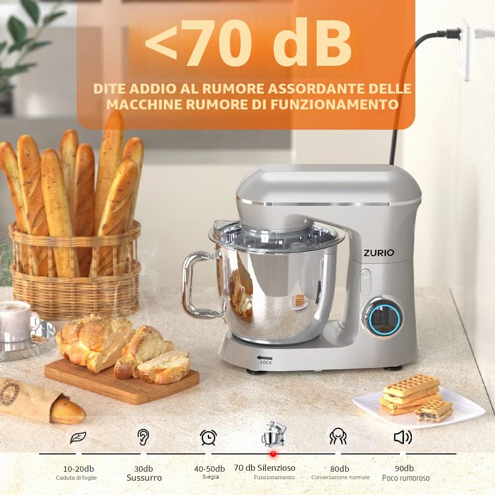 Impastatrice Planetaria, Zurio 5.5L Multifunzione Robot Impastare, 1300W Portable 10 Velocità con Uncino Impastatore, Mescolatore, Frusta Sbattitric