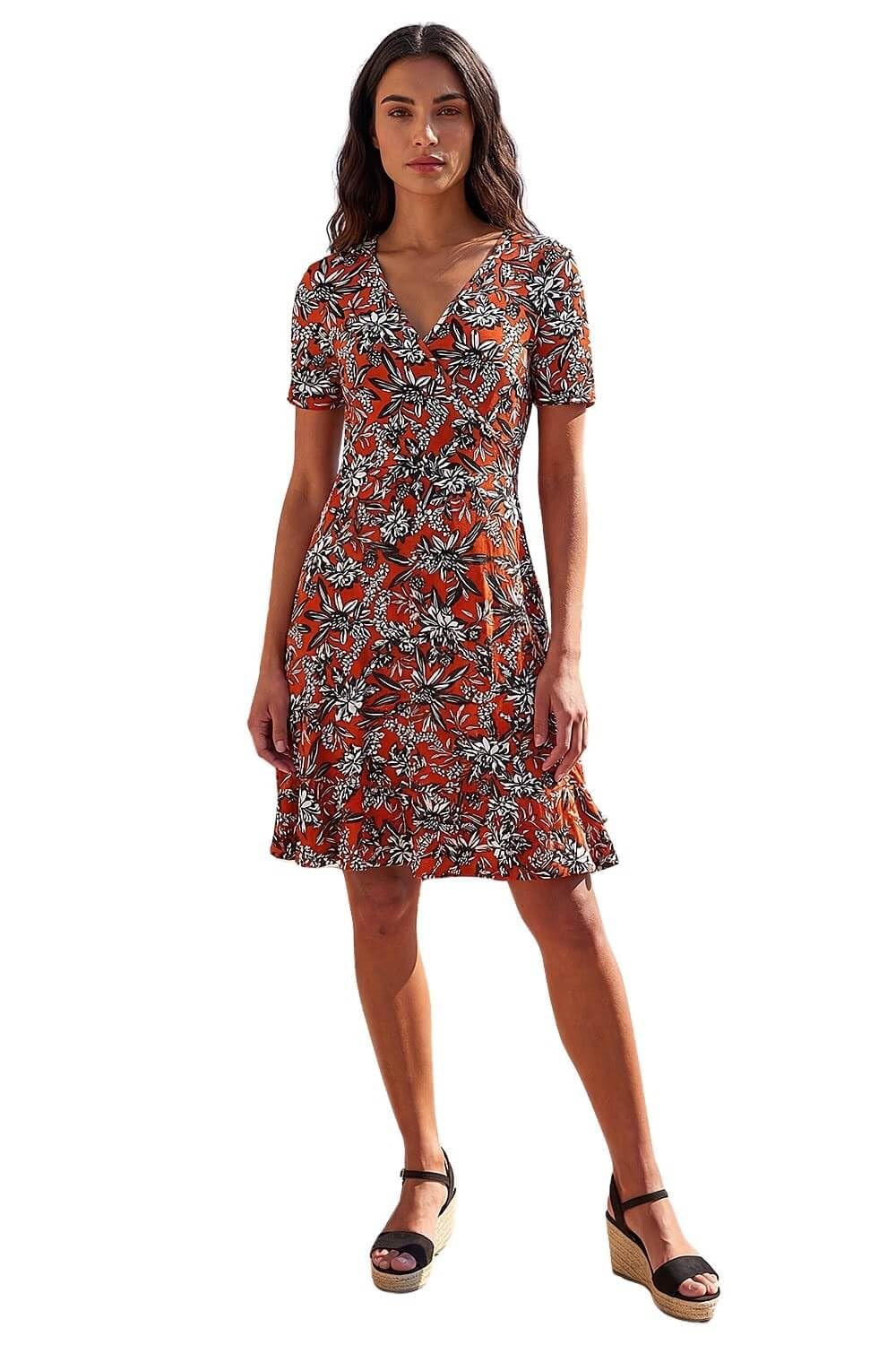 Roman Women's Orange Floral Print V-Neck Wrap Stretch Dress In Size 20