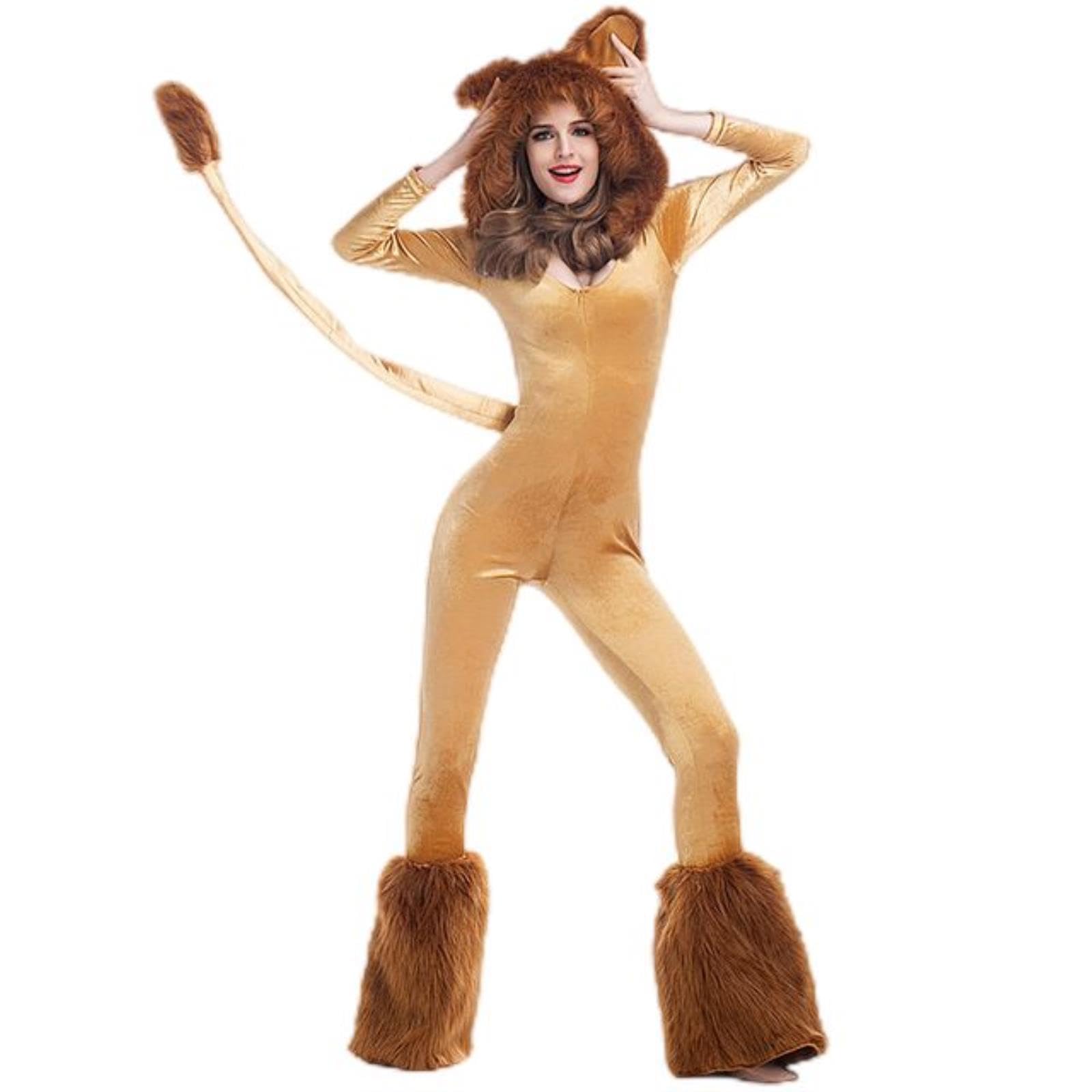 WSZJLN Adult Women Deluxe Lion Animal Cosplay Costume Sexy Furry Lion Jumpsuit With Big Tail Halloween Party Fancy Outfit