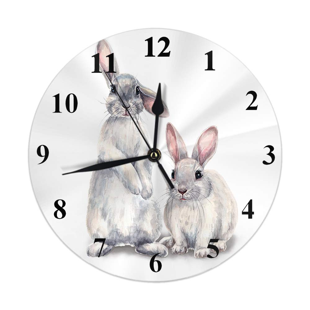 AOOEDM Bunny Wall Clock Cute Animal Grey Rabbits Hare Sketch Nature Easter Clock Round Silent Non Ticking Home Decor 10 Inch for Living Room Bedroom Office