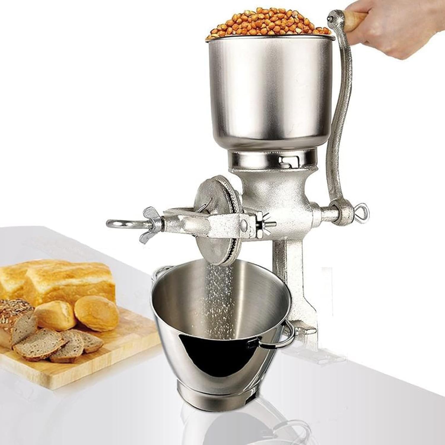 Molinillo manual de grano con grosor ajustable, tolva grande para moler nueces, semillas y especias