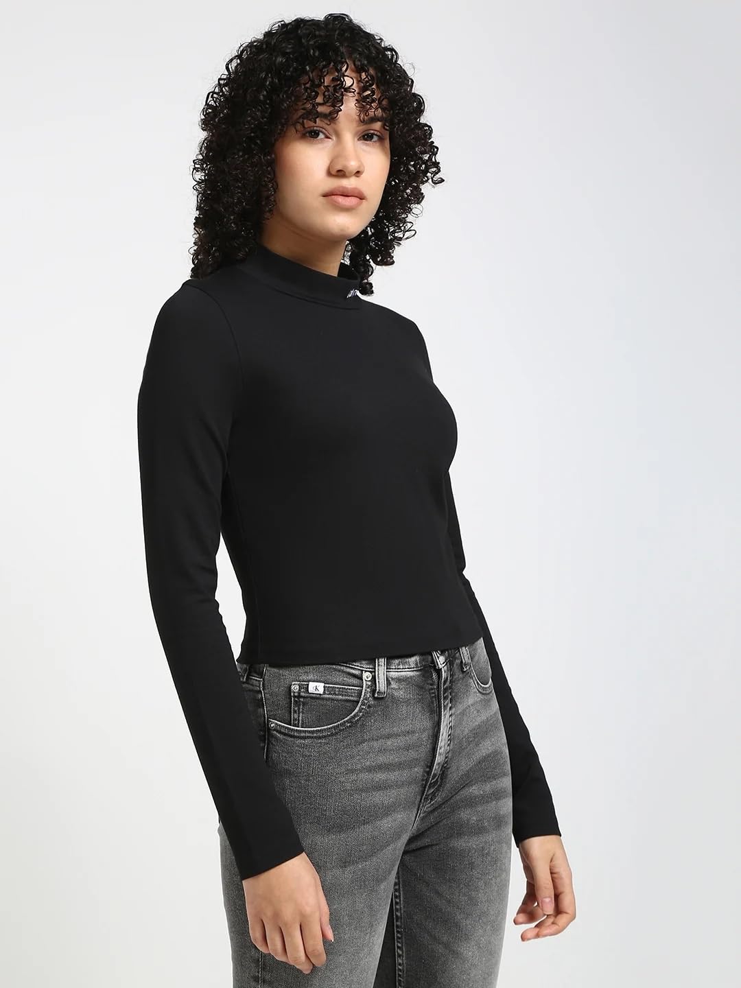 Calvin Klein Donna Maglietta Maniche Lunghe Milano Logo Elastic Top Collo a Lupetto