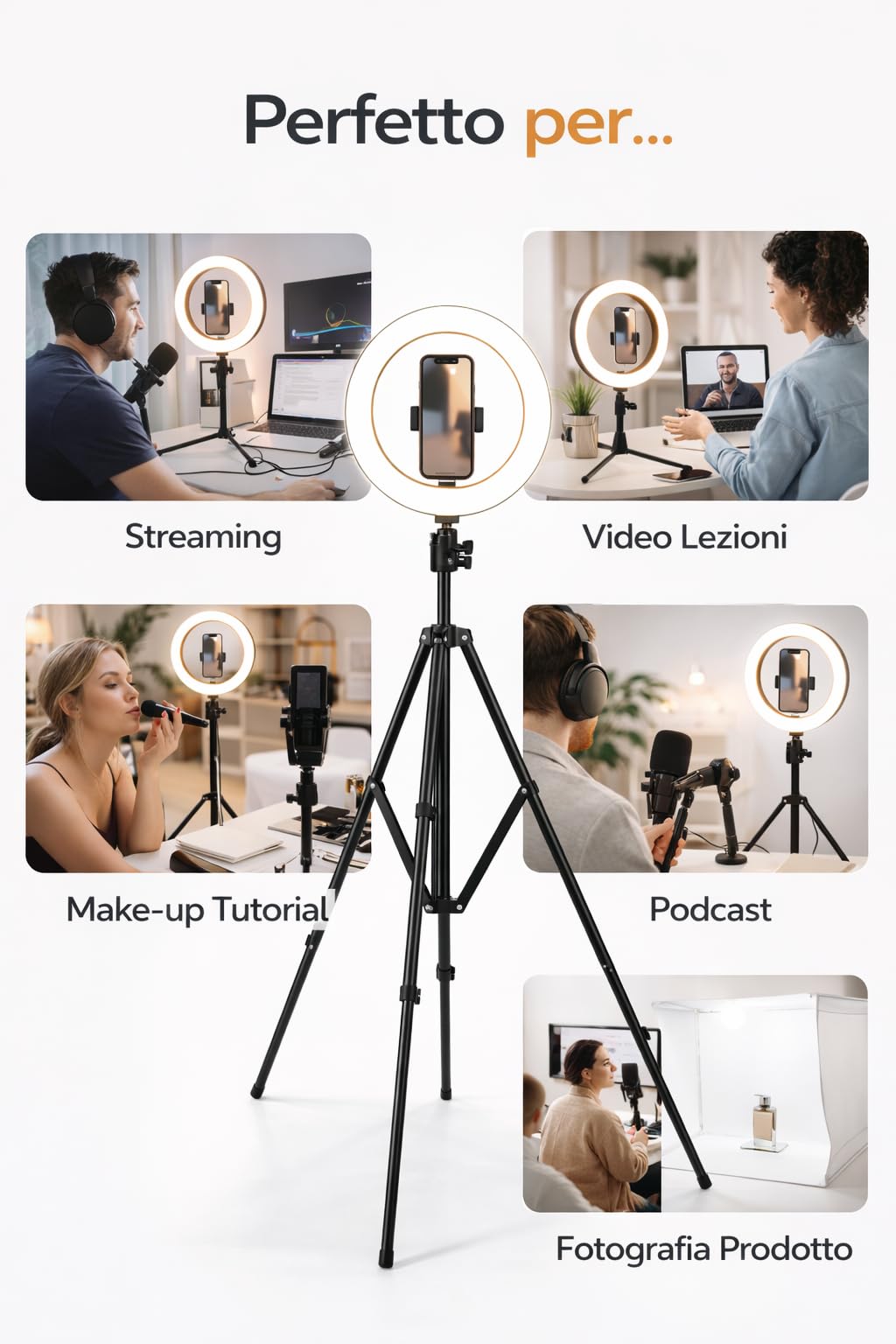 Treppiede per Ring Light 160 cm, Supporto Regolabile in Alluminio con Attacco Universale 1/4", Compatto 50 cm, per Smartphone e Fotocamera
