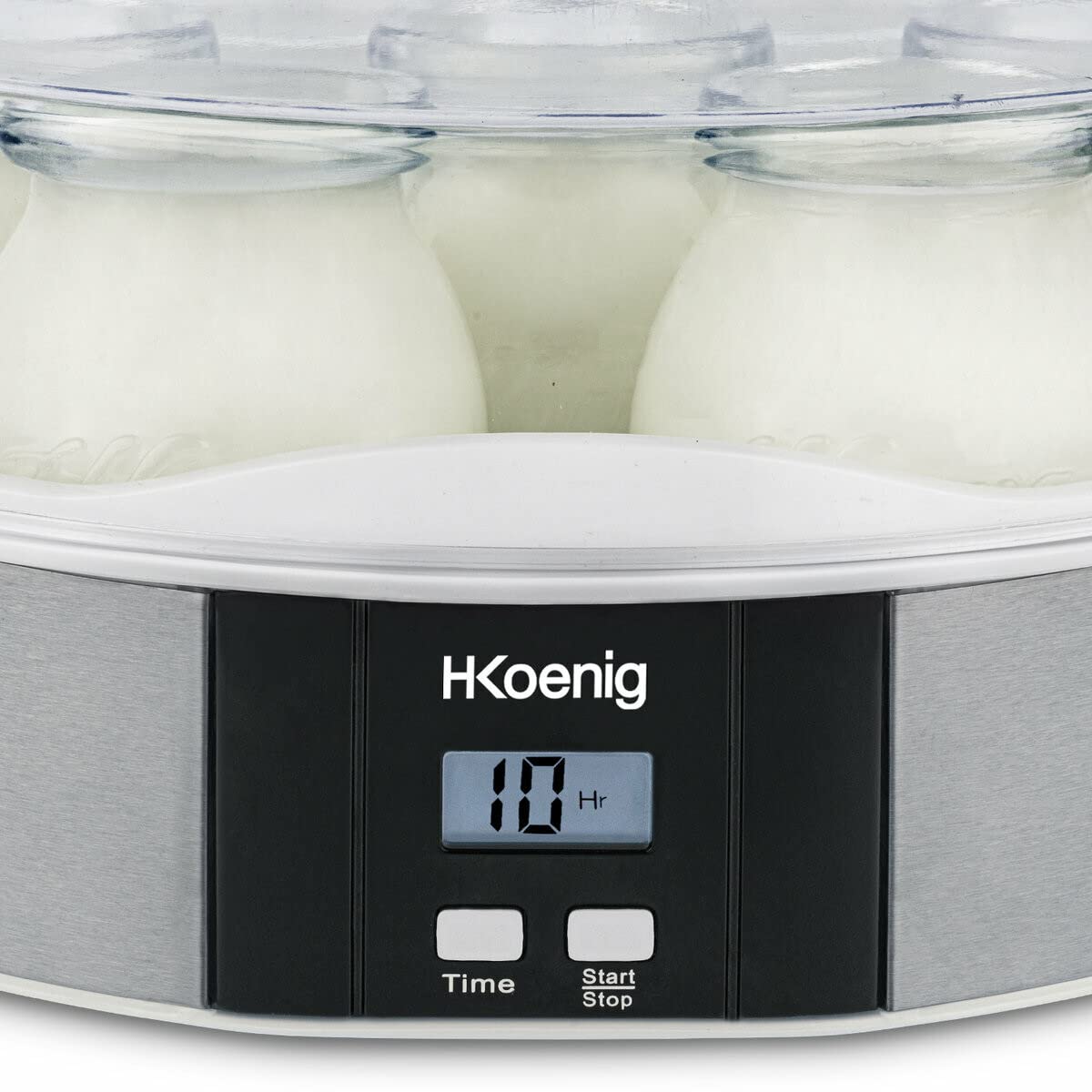 H.Koenig Yogurtiera 7 vasetti ELY70, Capacità 7 x 160 ml, Programmabile fino a 15 ore, Display LCD, Corpo in acciaio inox, Lavabile in lavastoviglie, Arresto automatico, Potenza 15 W