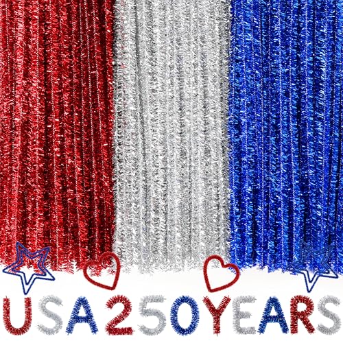 Image of Caydo 200 PCS Independence Day Pipe Cleaners for Patriotic Party Decoration, Red Royal Blue Silver Glitter Chenille Stems Bulk for 4th of July DIY Arts Crafts & Home Decorations