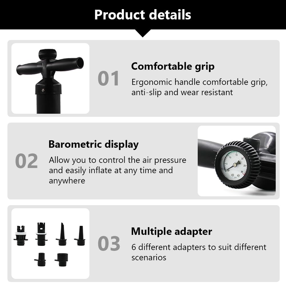 Doppelt wirkende Handpumpe, max. 1,8 bar (26 PSI), SUP-Handpumpe, handbetriebene manuelle Luftpumpe mit Manometer, Hochdruck-Superpumpe mit 6 Düsen für Luftbetten, Kajaks, aufblasbare Zelte