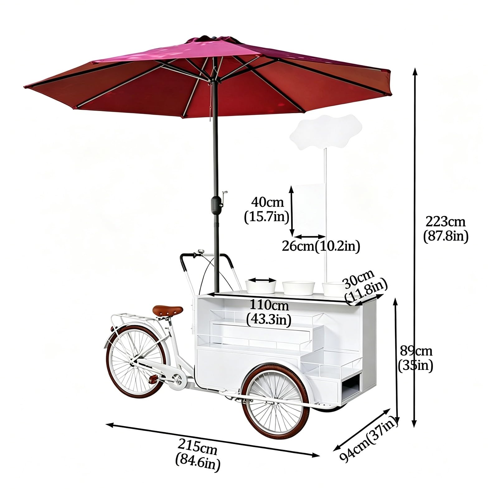 Carretto per venditori ambulanti, espositore per fiori da esterno con ombrellone, carrello mobile professionale su bicicletta, bicicletta per la vendita di fiori per mercati(White,WU)