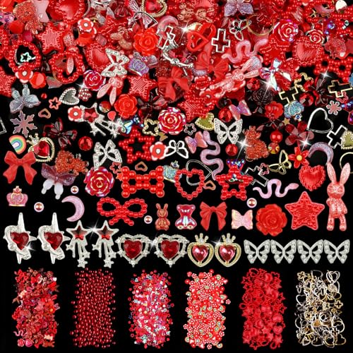 650pcs Mixed 3D Nail Charms Kit 12pcs Luxury Metal Nail Rhinestones and 250pcs Resin Butterfly Flower Star Heart Bow Charms with 400pcs Flatback Pearls Rhinestone Metal Gems Charms (Red)