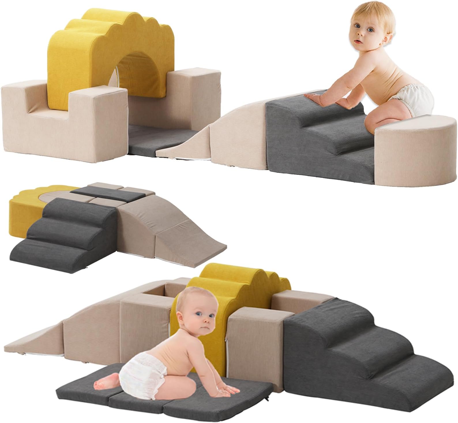 Toddler Foam Climbing Playset, Indoor Soft Climbing Game with Slide and Ramp, Ideal Playroom Furniture, 7PCS (Beige + Yellow), Medium, YBE0008-BGY