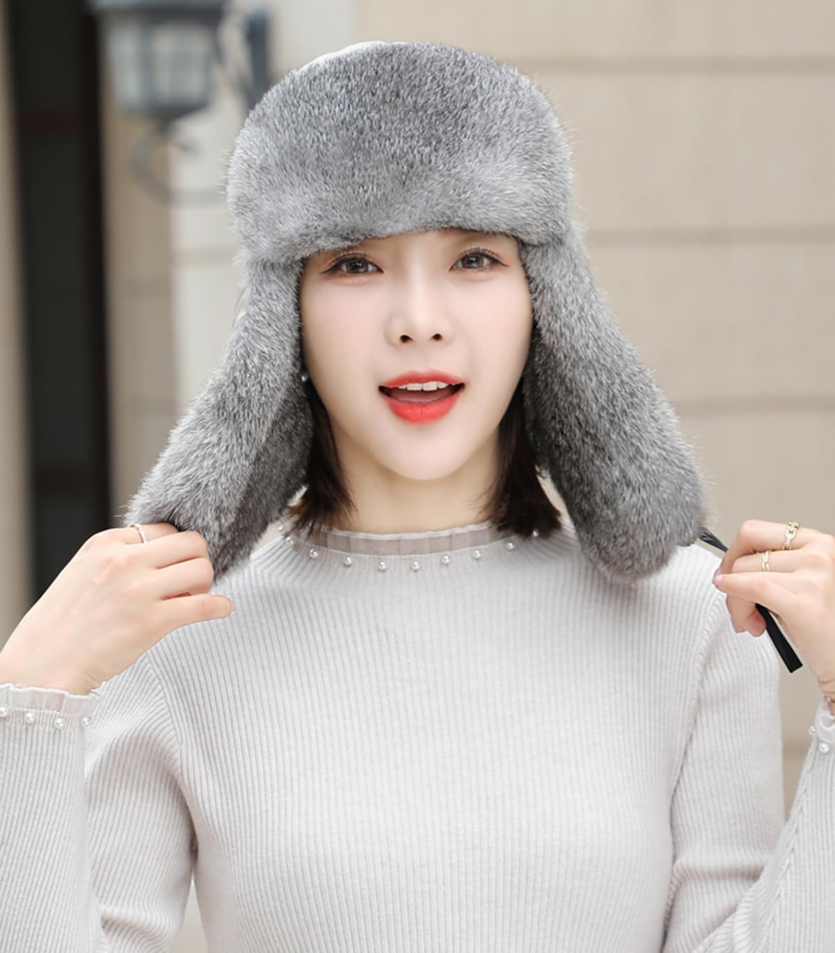 Trapper Hat for Women Real Rabbit Hair Ushanka Russian Winter Hat Ear Flaps Winter Warm Outdoor