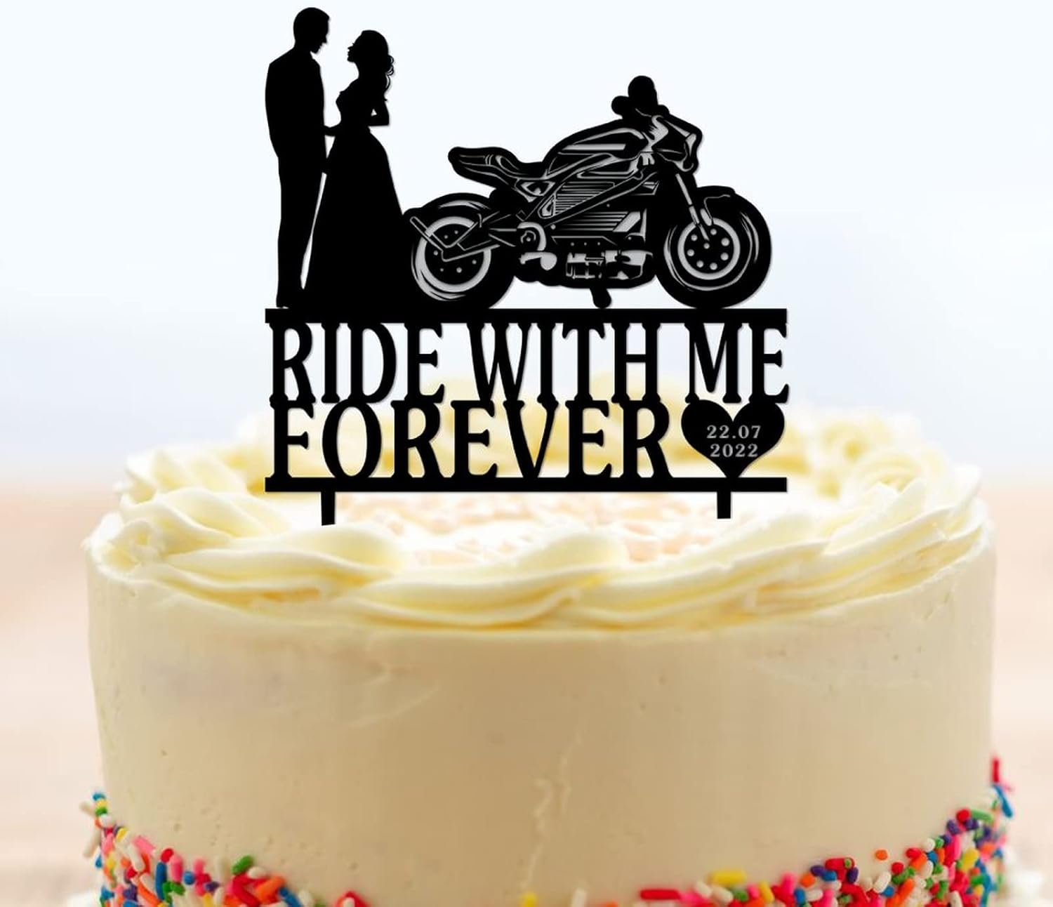 Wedding Cake Topper Ride with Me Forever Heart Wedding Topper Black Couple