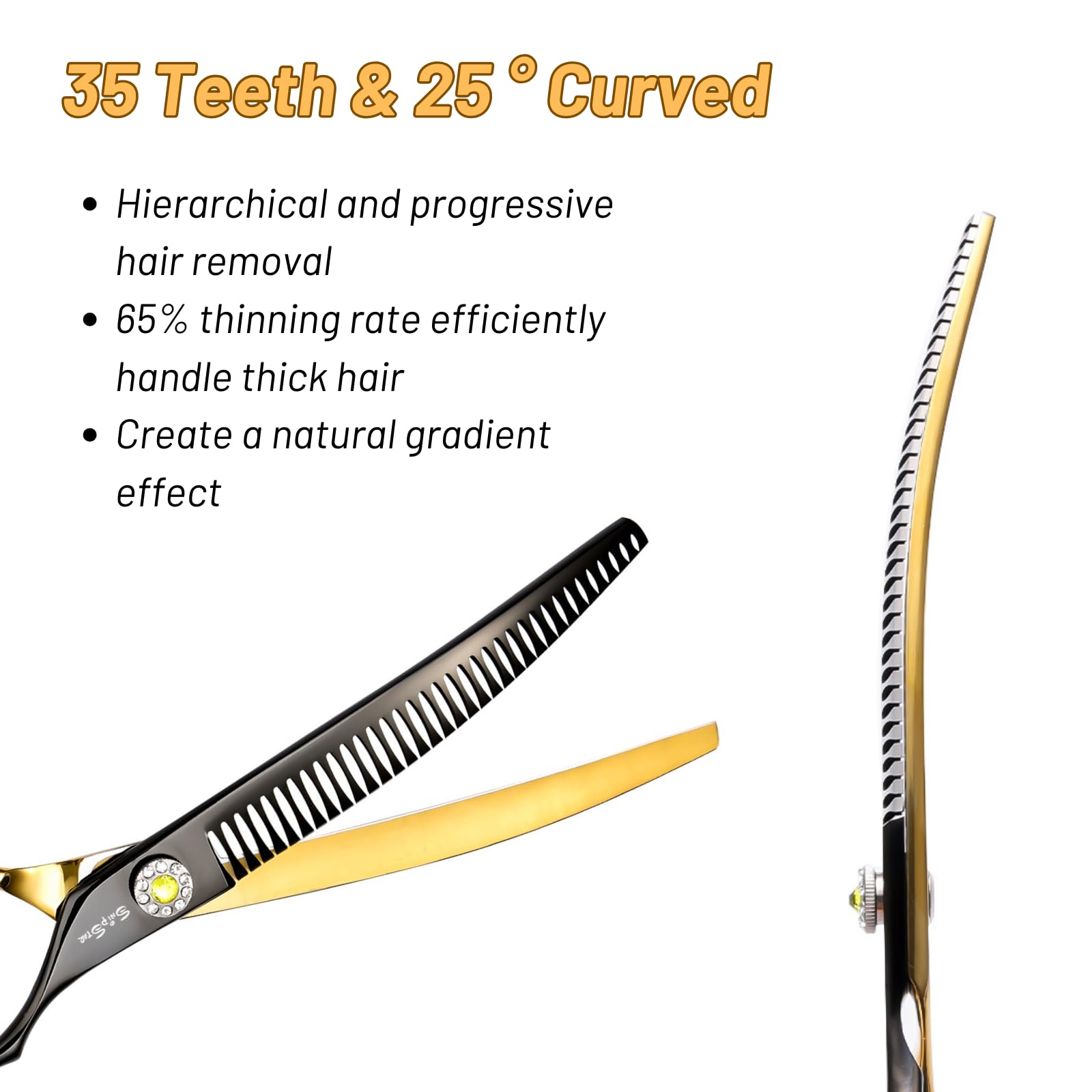 7.5 Zoll Professionelle Haustier gebogene Chunker Schere 25 Grad Biege Gold High-End Groomers Schere 35 Zähne, Verdünnung Rate 65%
