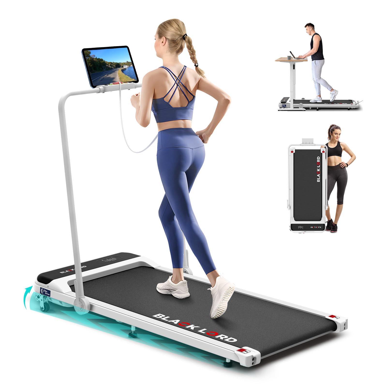 BLACK LORD Walking Pad 3.2HP, tapis roulant per casa, tapis roulant sotto scrivania con display a LED, altoparlante Bluetooth e telecomando da polso, macchina da corsa con inclinazione a 2 livelli, 1