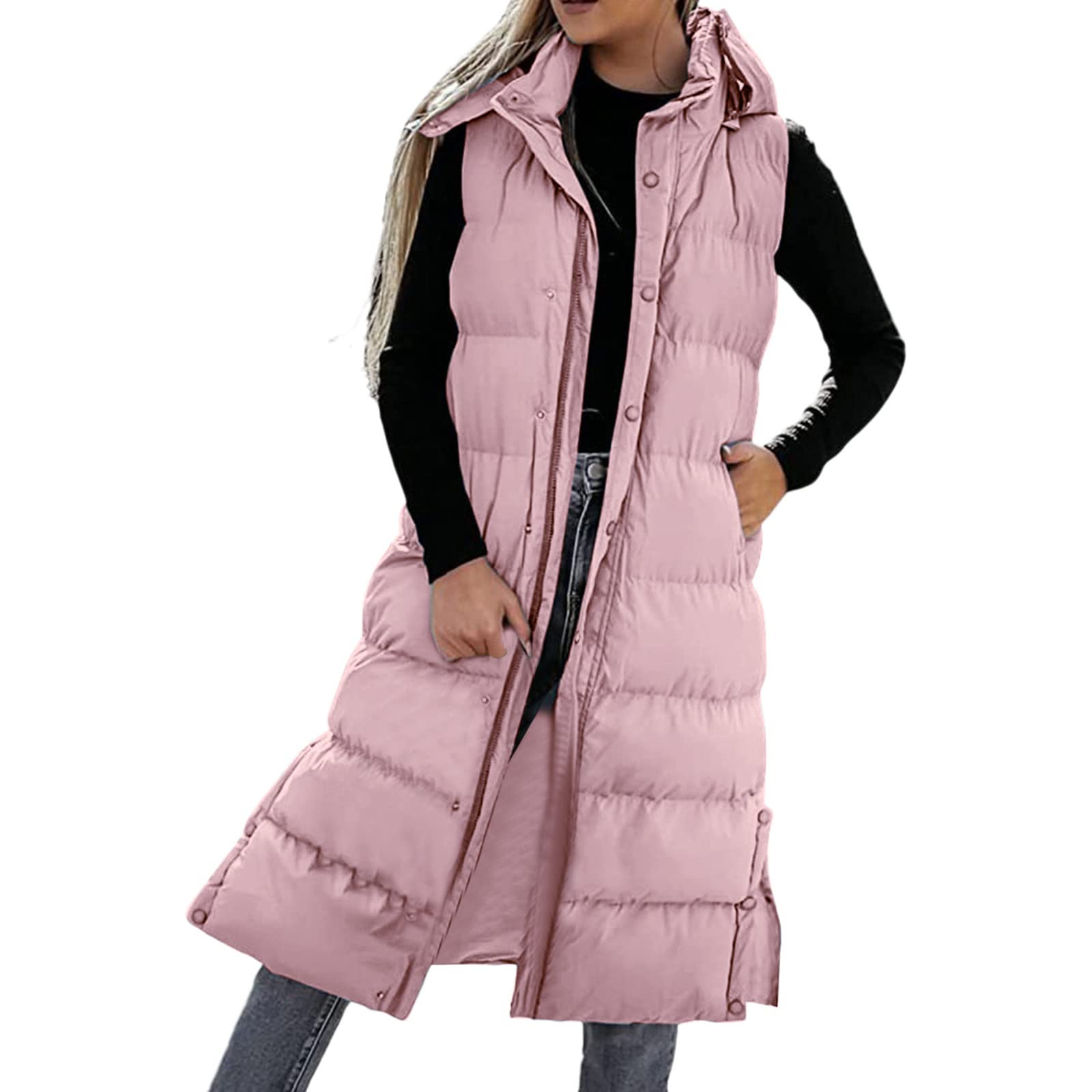 Chaleco largo de plumón para mujer, chaleco acolchado con capucha, chaqueta acolchada sin mangas, chaleco ligero a prueba de viento, chaleco con capucha para mujer, chaleco largo sólido, chaqueta de