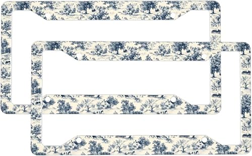 2 Pcs Car License Plate Frames for Women Men - Vintage Village Pattern Print Solid Aluminum License Plate Cover for Car Accessories for Women Men
