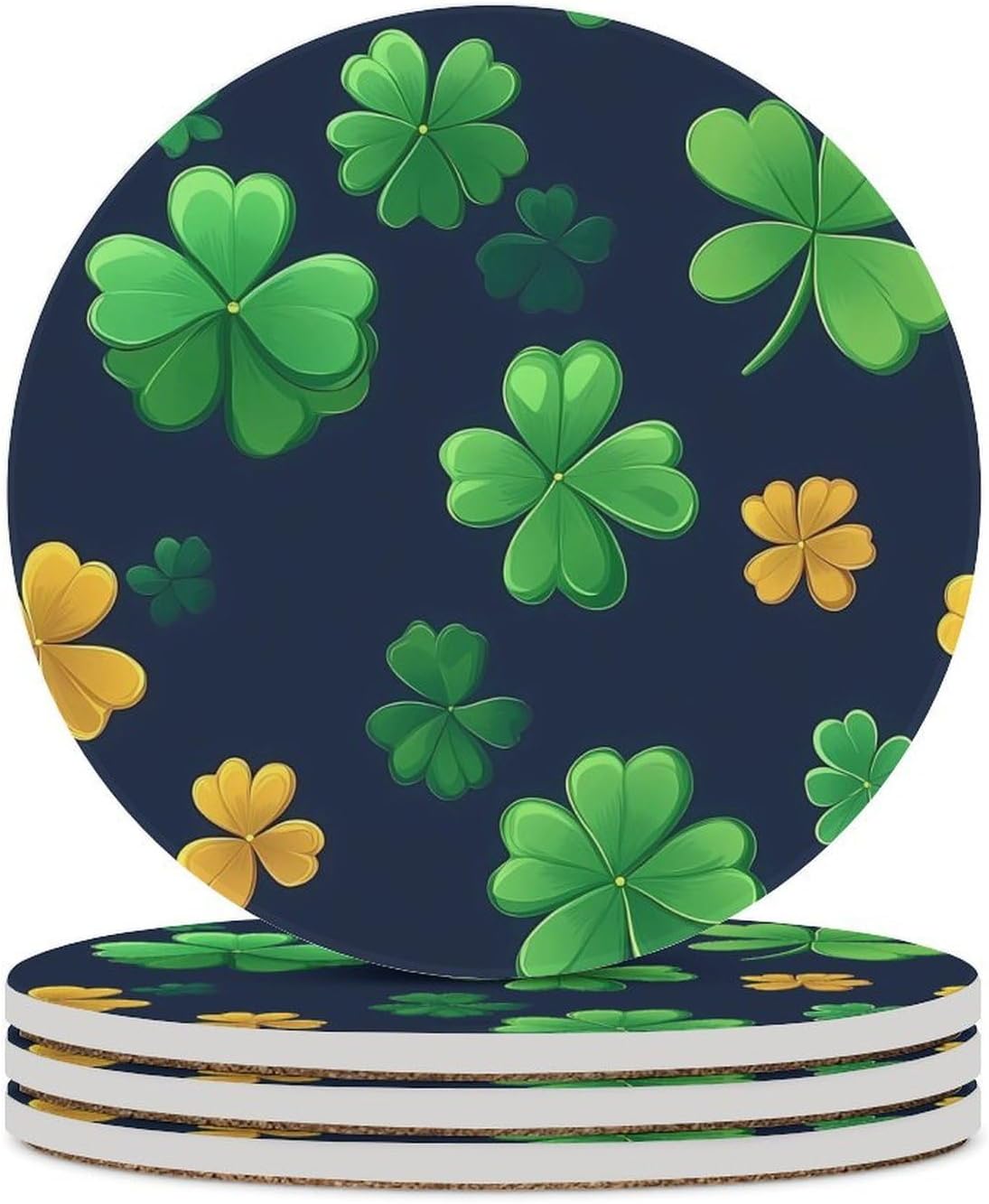 Shamrock Stpatricks Day Coasters for Drink Round Ceramic Coaster with Cork Base Home Decorative 6PCS